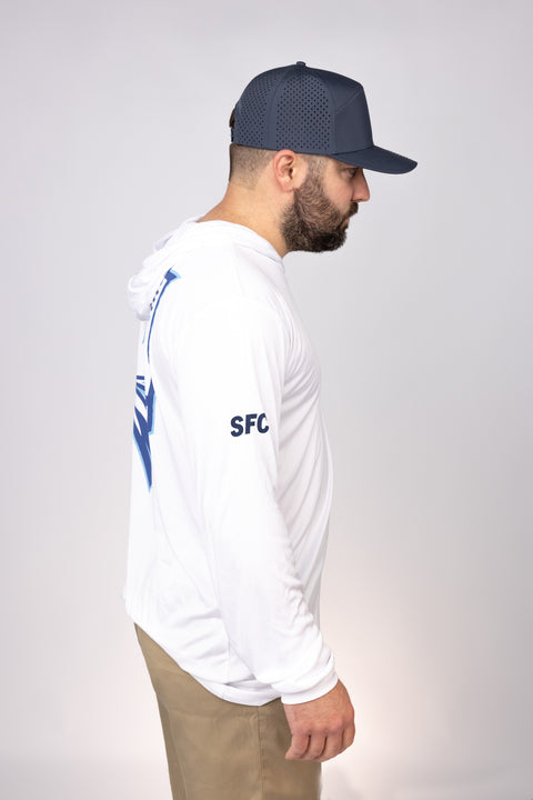 Side view of White North Carolina Flare Performance Hoodie