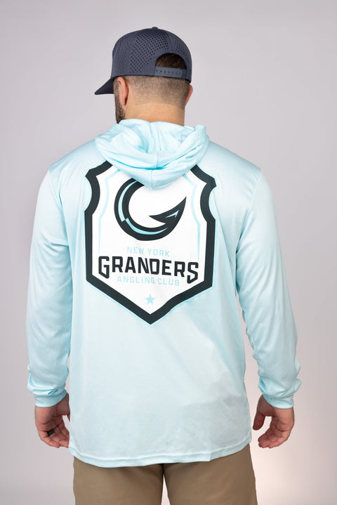 Rear view of Aqua Blue New York Granders Performance Hoodie