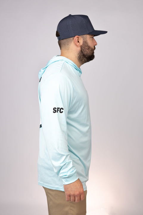 Side view of Aqua Blue New York Granders Performance Hoodie