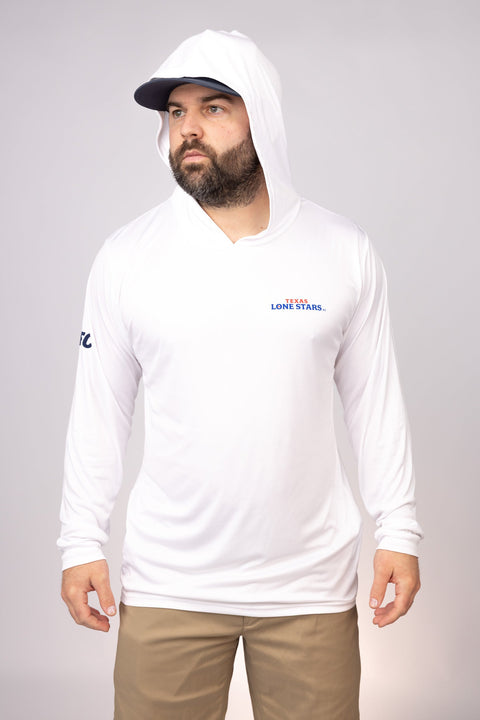 Hood up view of White Texas Lone Stars Performance Hoodie
