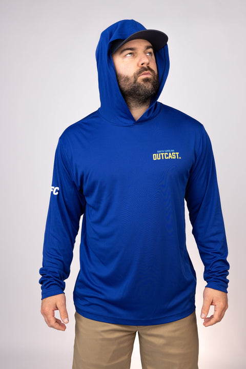 Hood up view of Royal South Carolina Outcast Performance Hoodie