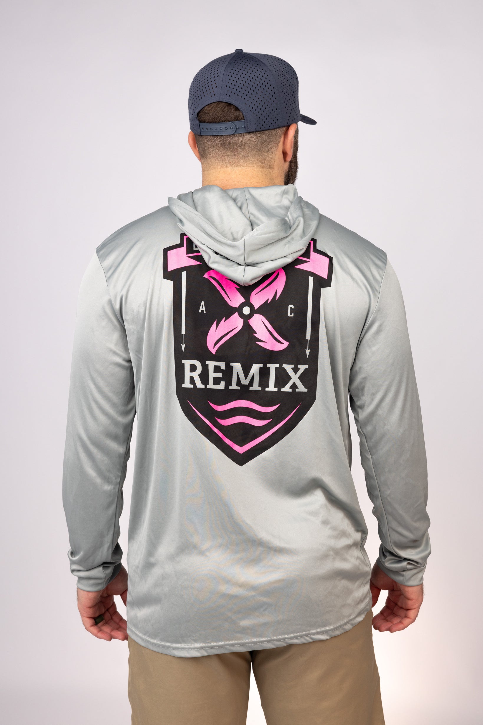 Rear view of Medium Grey East Coast Remix Performance Hoodie