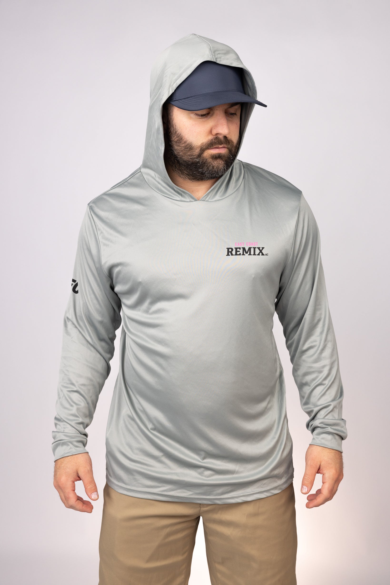 Hood up view of Medium Grey East Coast Remix Performance Hoodie