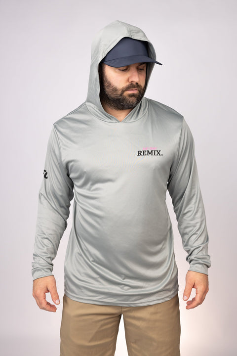 Hood up view of Medium Grey East Coast Remix Performance Hoodie