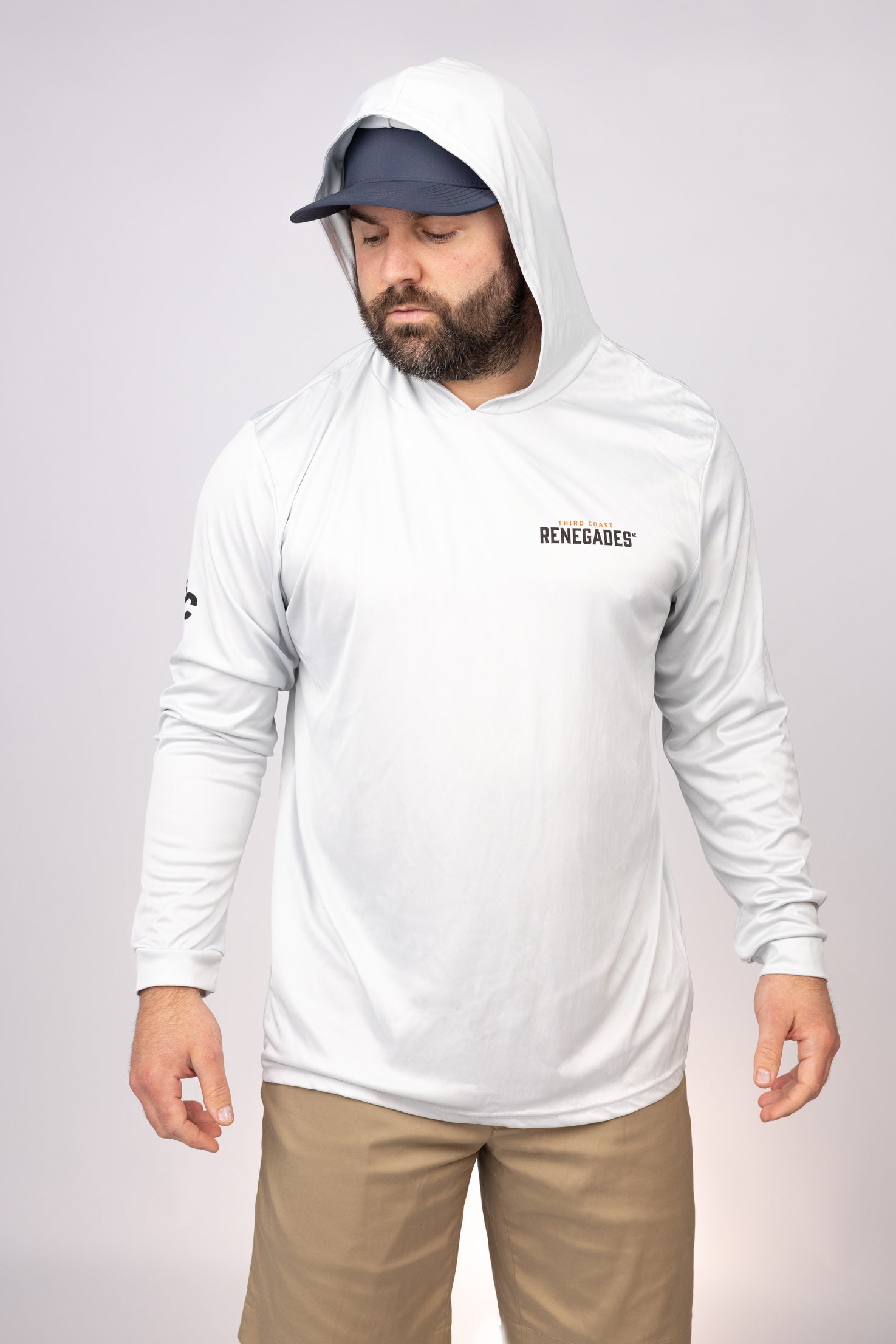 Hood up view of Aluminum Third Coast Renegades Performance Hoodie