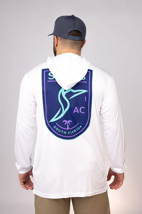 Rear view of White South Florida Sails Performance Hoodie
