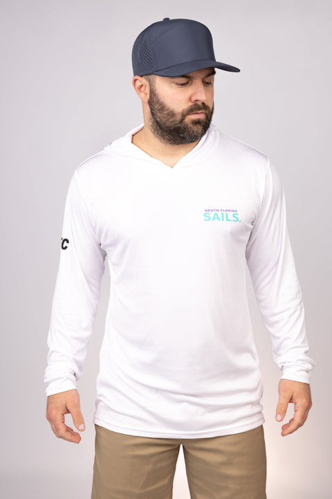 Front view of White South Florida Sails Performance Hoodie