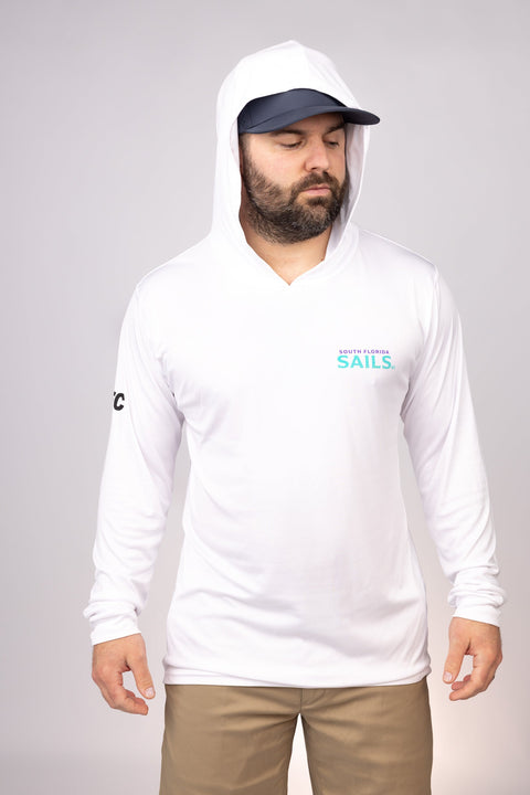 Hood up view of White South Florida Sails Performance Hoodie