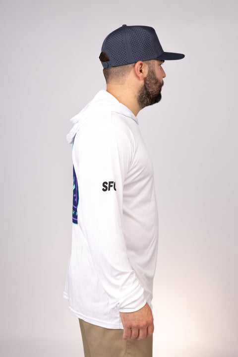 Side view of White South Florida Sails Performance Hoodie