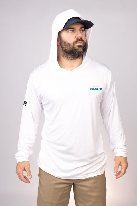 Hood up view of White New Jersey Sea Birds Performance Hoodie