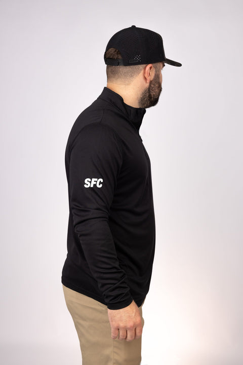 Side view of Black West Florida Black Flags Quarter Zip