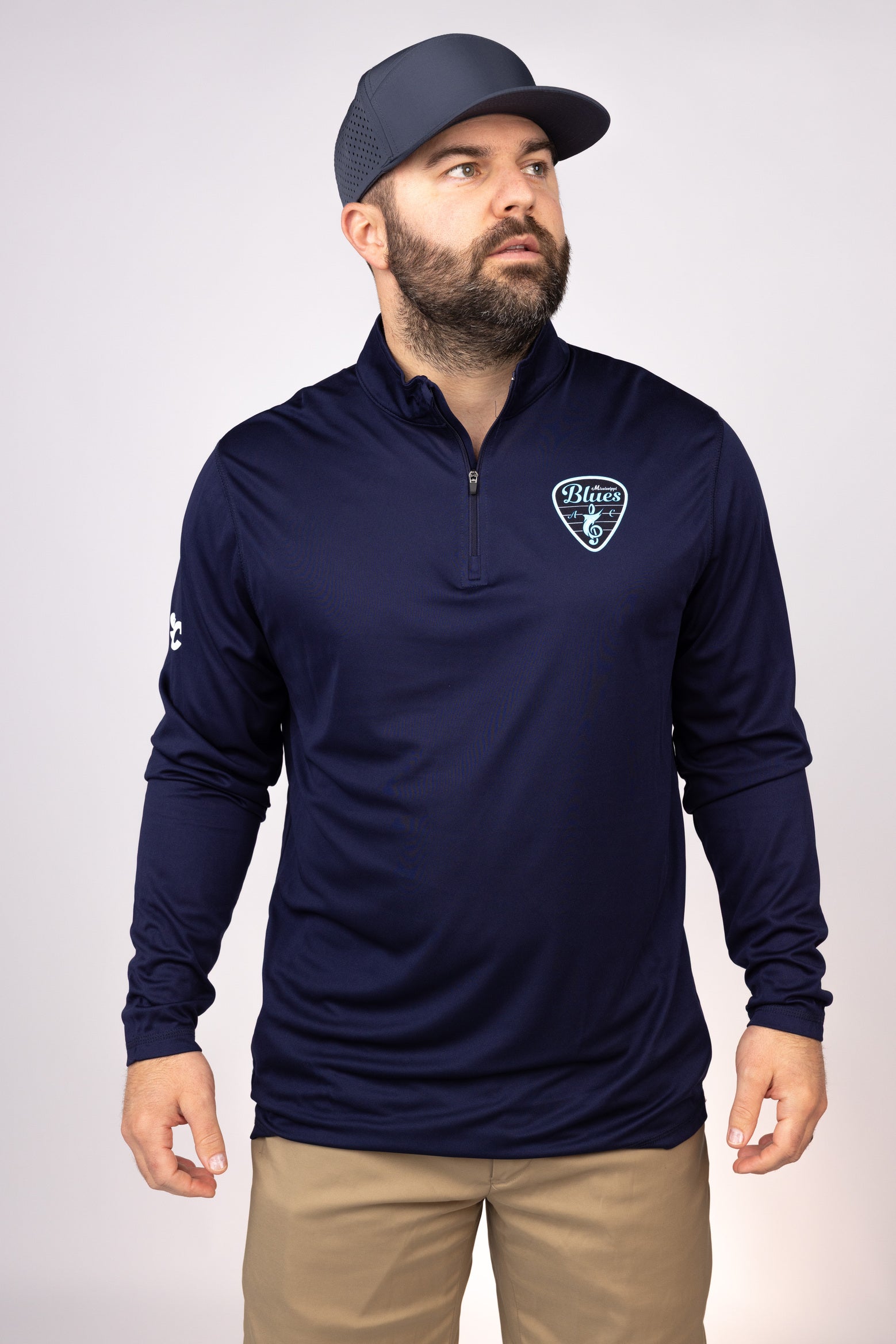 Front view of Navy Mississippi Blues Quarter Zip