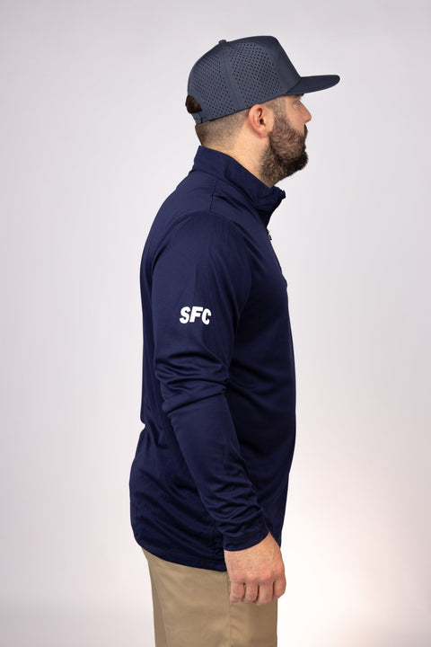 Side view of Navy Mississippi Blues Quarter Zip