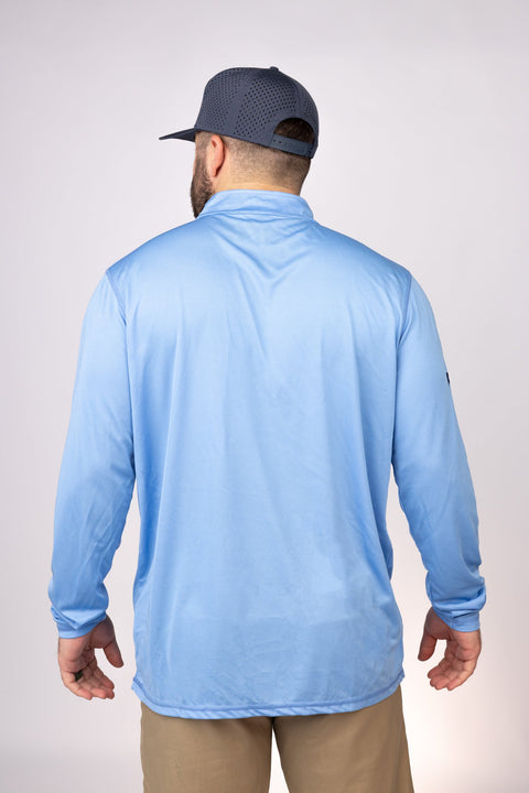Rear view of Columbia Blue Gulf Coast Cowboys Quarter Zip
