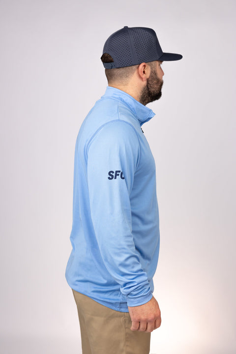 Side view of Columbia Blue Gulf Coast Cowboys Quarter Zip