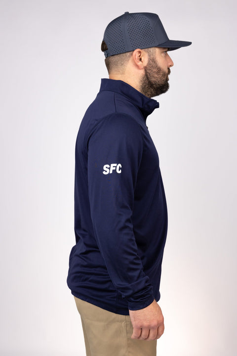 Side view of Navy North Carolina Flare Quarter Zip