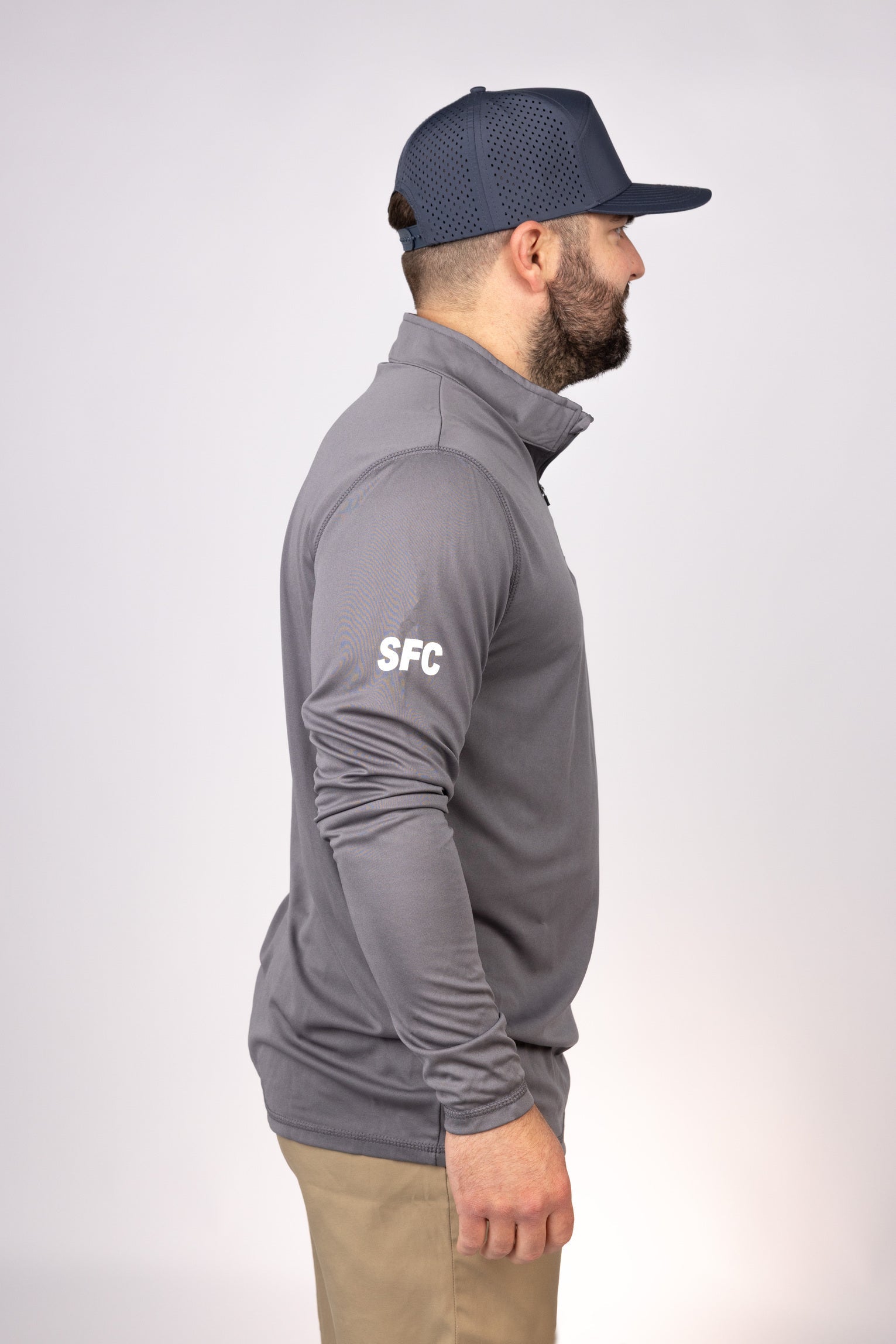 Side view of Graphite New Jersey Sea Birds Quarter Zip